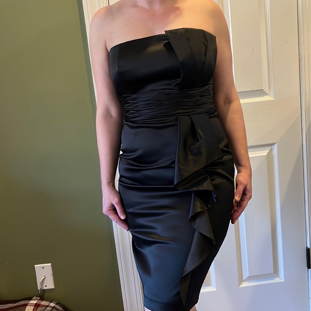 Black satin strapless cocktail dress